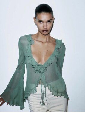 Zara Semi Sheer Ruffles Blouse Front Tie Women's L